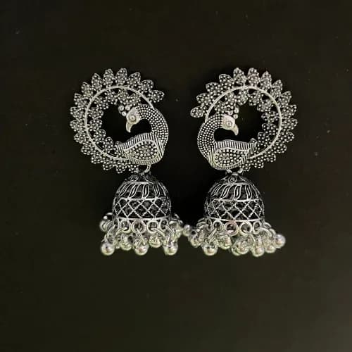 Oxidized Silver Peacock Motif Jhumkas