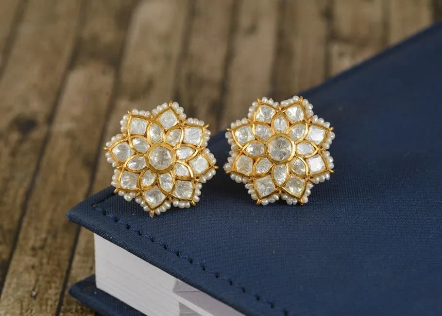 Uncut Polki Gemstone Stud Earrings