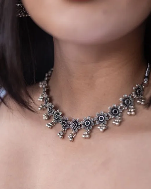 Silver Oxidised Tribal Choker Necklace