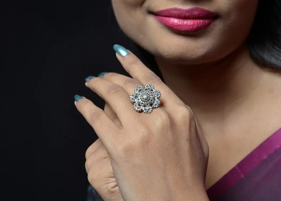 Silver Oxidised Ghungroo Finger Ring